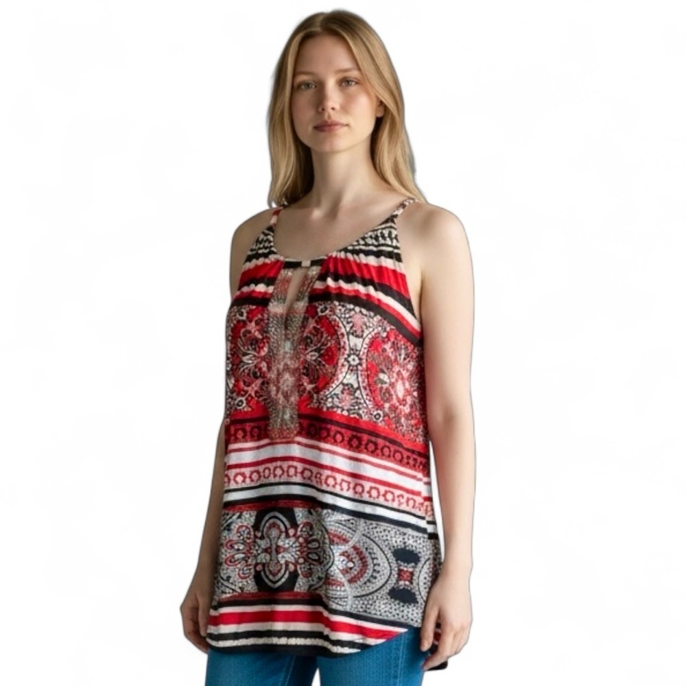 INC International Concepts Red and Black Beaded Top EUC XL